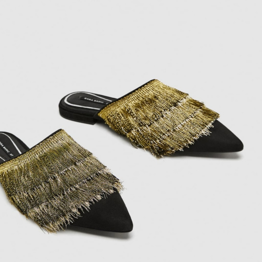 NWT Zara Flat Fringe Mules Black Golden - Picture 2 of 4